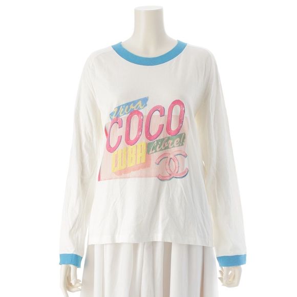 Chanel 17C Cotton COCO CUBA Print Long Sleeve T-shirt Top P55822 Blue And Pink L - Picture 1 of 10
